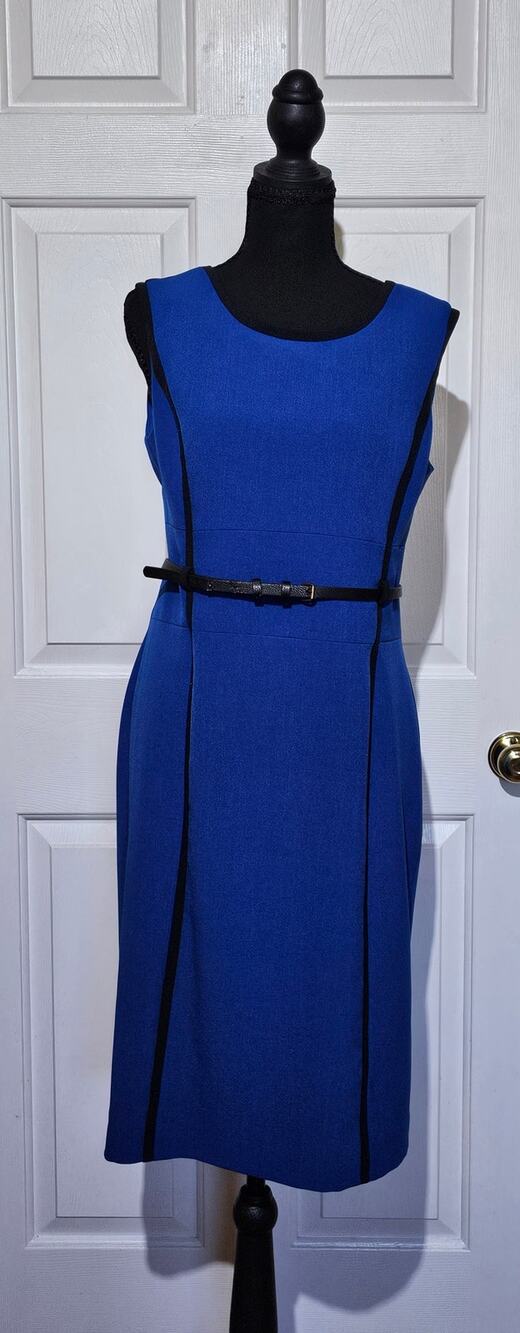 Studio I Cobalt Blue Black Colorblock Sheath Dress Size 10 Belted Career Midi.
